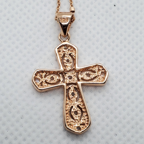 925 Silver Rose Gold CZ Cross Pendant - Picture 7 of 7